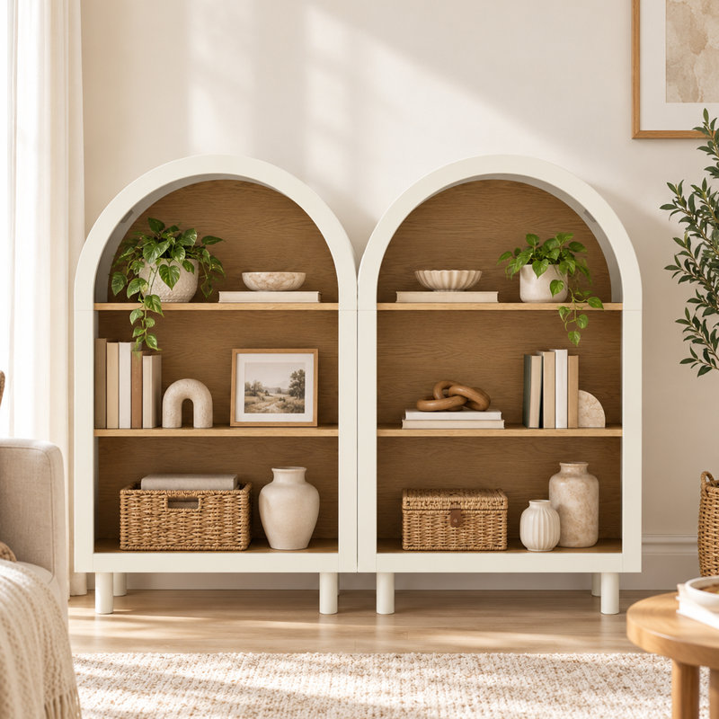 Ensemble de 2 bibliothèques cintrées avec 3 tablettes et un meuble de rangement