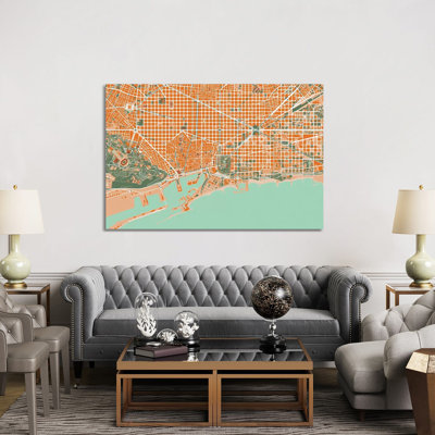 «Barcelona Orange» par Planos Urbanos, impression sur toile tendue