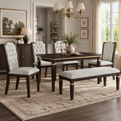 6-Piece Kitchen Dining Set with 60" Rectangular Table, 4 High-Back Tufted Chairs, and 1 Bench, for Dining Room and Kitchen