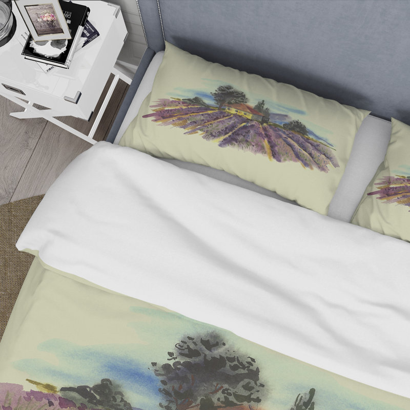 Paysage avec lavande fleurie - ensemble de housse de couette traditionnel - microfibre de polyester