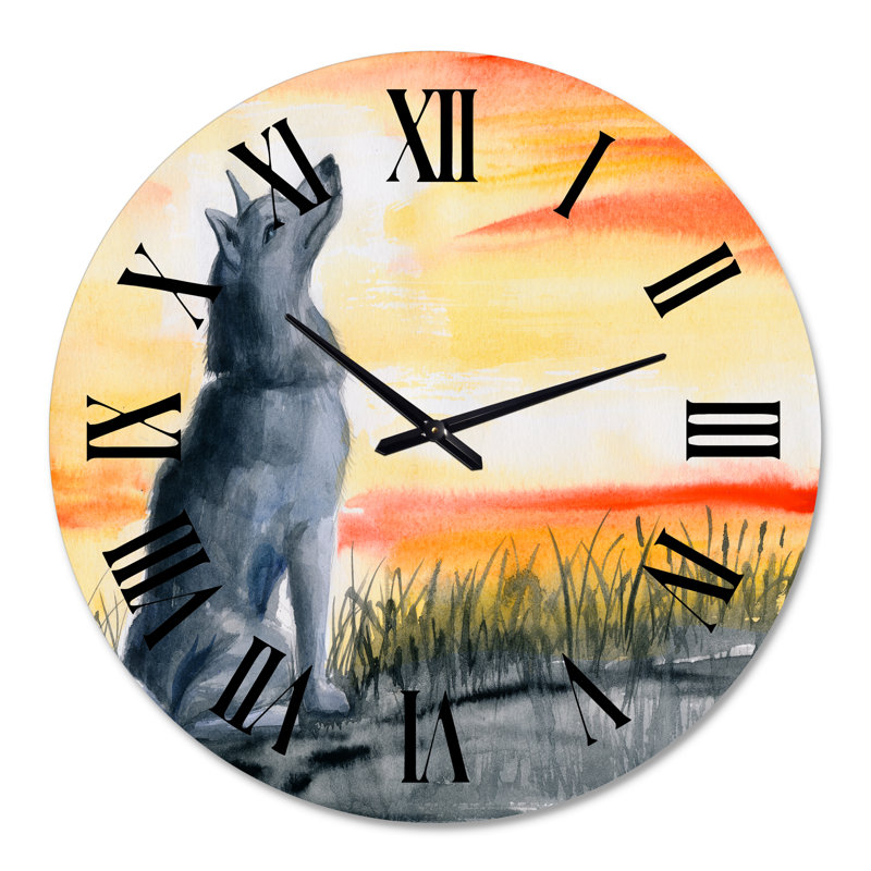 Loup gris hurlant à la lune - Horloge murale traditionnelle, Surdimensionné