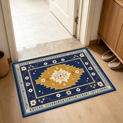 Tapis bleu marine à bordure en étoile dorée pour le salon, doux et confortable, adapté à toutes les saisons, facile à entretenir, tapis de sol intérieur lavable à la machine, sous la table de ferme convenant à la chambre à coucher, à la salle à manger, au bureau, au balcon, au patio
