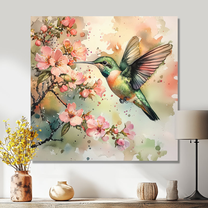 Hummingbird In The Blossoms I - Art mural colibri, H 30 po x l 30 po, Toile tendue, Ne s’applique pas