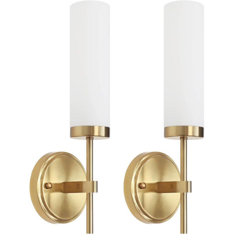 Modern Hardwired Wall Sconces Set Of 2 With Milk Glass Shade, Brushed Gold Vanity Light Fixtures For Bathroom Mirror, Bedroom, Hallway, Kitchen, Stairs