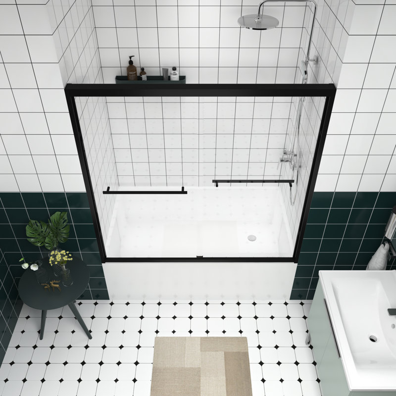 60" Wide Aluminum Double Sliding Shower Door, 1/4"  6Mm  Tempered Glass, Handle As Towel Holder, Waterproof And Design Bathtub Screen With Adjustable Width 56 - 60", Clear Mute Rollers, Crash Angle