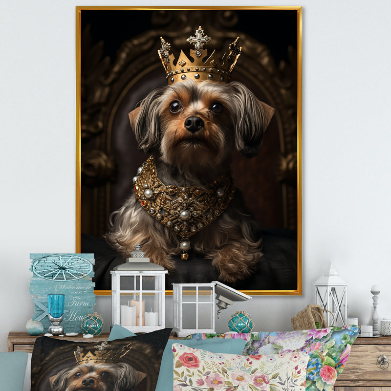 «Crowned Royal Yorkshire Dog King» - art mural chien, Cadre flottant doré, H 44 po x l 34 po x P 1,5 po
