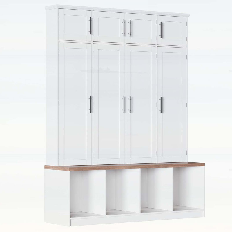 Hall Tree with 4 Hidden Hooks,Seating Bench,Shoe Cabinet,Open Compartment for Entryway, White/Walnut