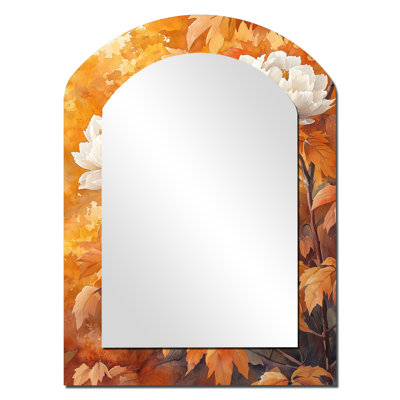 Peonies By The Autumn Maple Tree III - Peonies Arch Wall Mirror, White Asymmetrical Decorative Mirror, Printed Metal Art