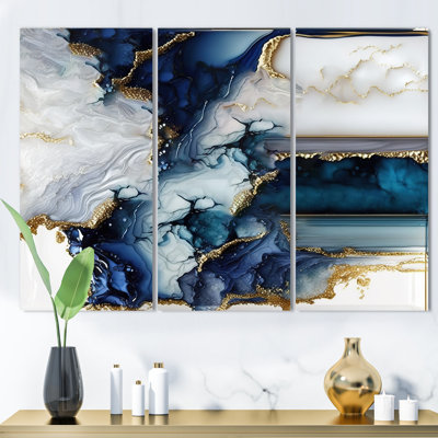 Géode abstraite, marbre blanc et bleu I - 3 pièces