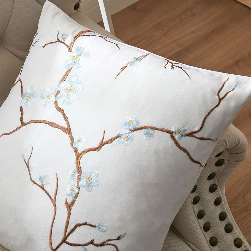 Cherry Blossom Embroidered Pillow Cover, Light Blue