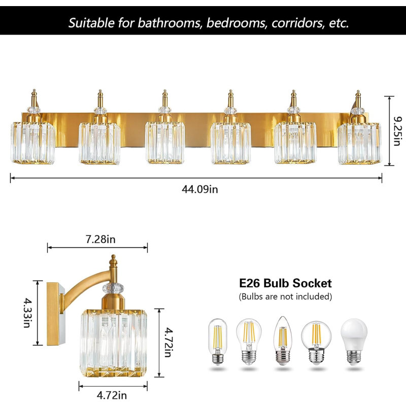 Luminaire de meuble-lavabo moderne en cristal - 6 lumières au-dessus d'un miroir pour une ambiance élégante, Doré