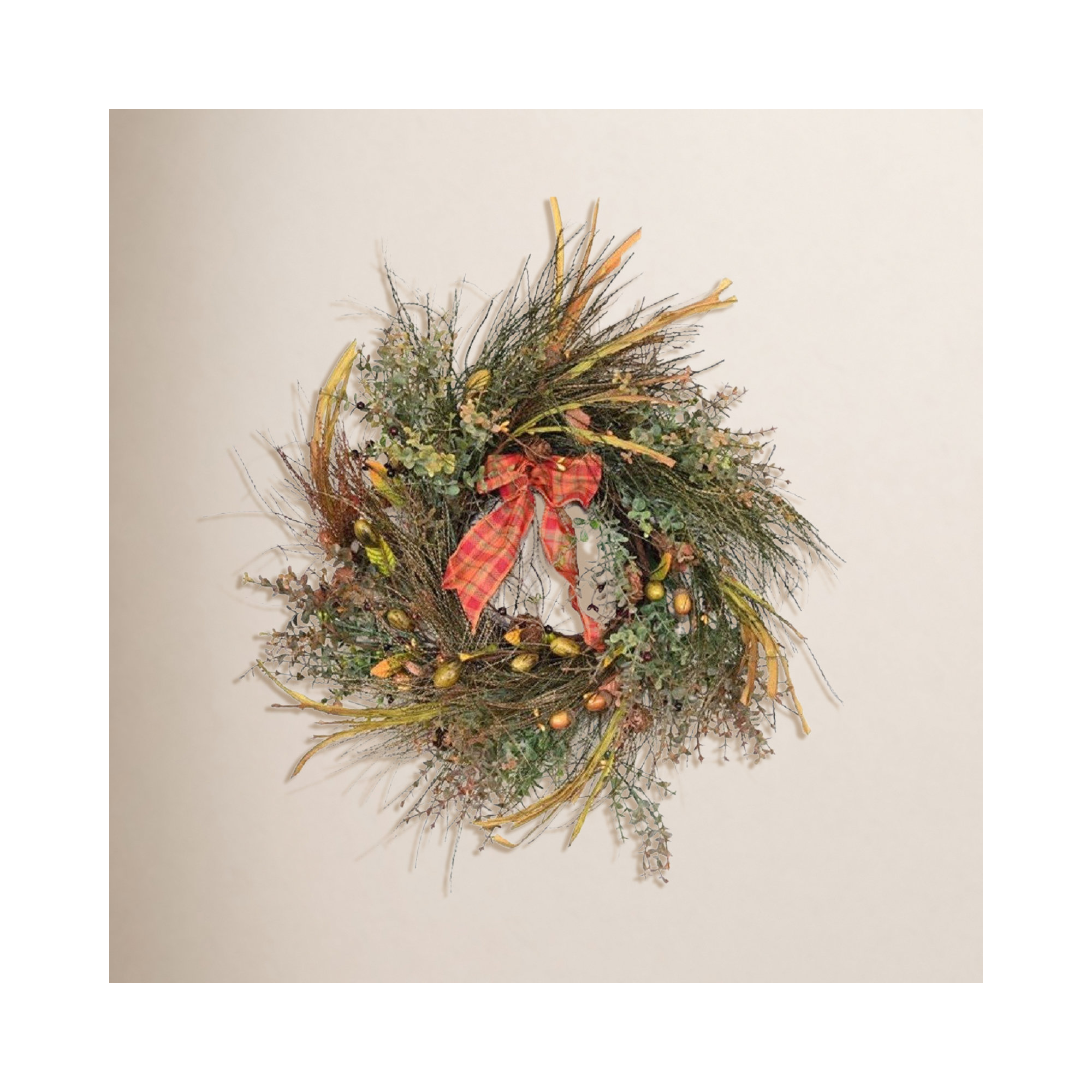20" Artificial Farmhouse Blossoms Cluster Foliage Olive Thanksgiving Chirstmas Fall Winter Wreath For Front Door With Bow