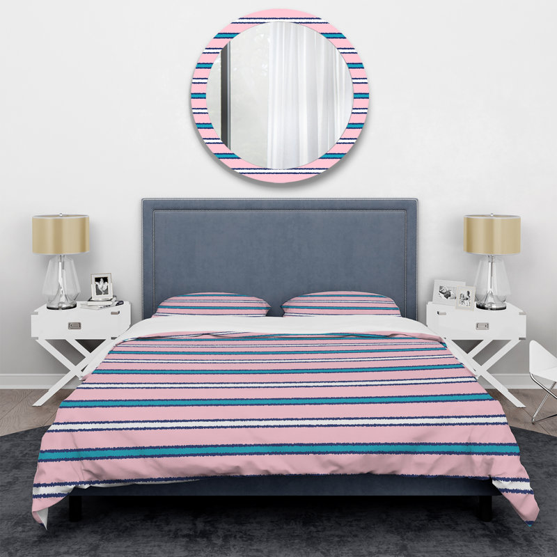 Motif rayé rose et blanc - Ensemble de housse de couette abstrait - Polyester en microfibre