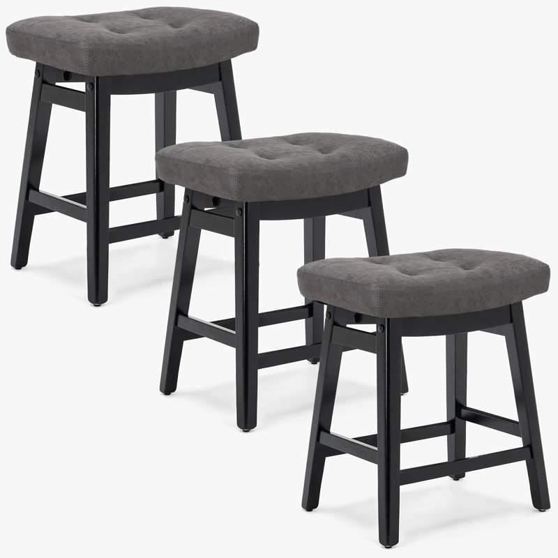 24inch Wooden Backless Saddle Counter Height Barstools Wide Seat Comfortable For Kitchen Island, PU Gray Seat/Black Frame