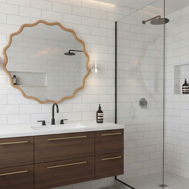 Miroir décoratif jaune-brun à cadre ondulé rond en bois massif de 36 pouces, pour chambre à coucher, salle de bain, salon, entrée