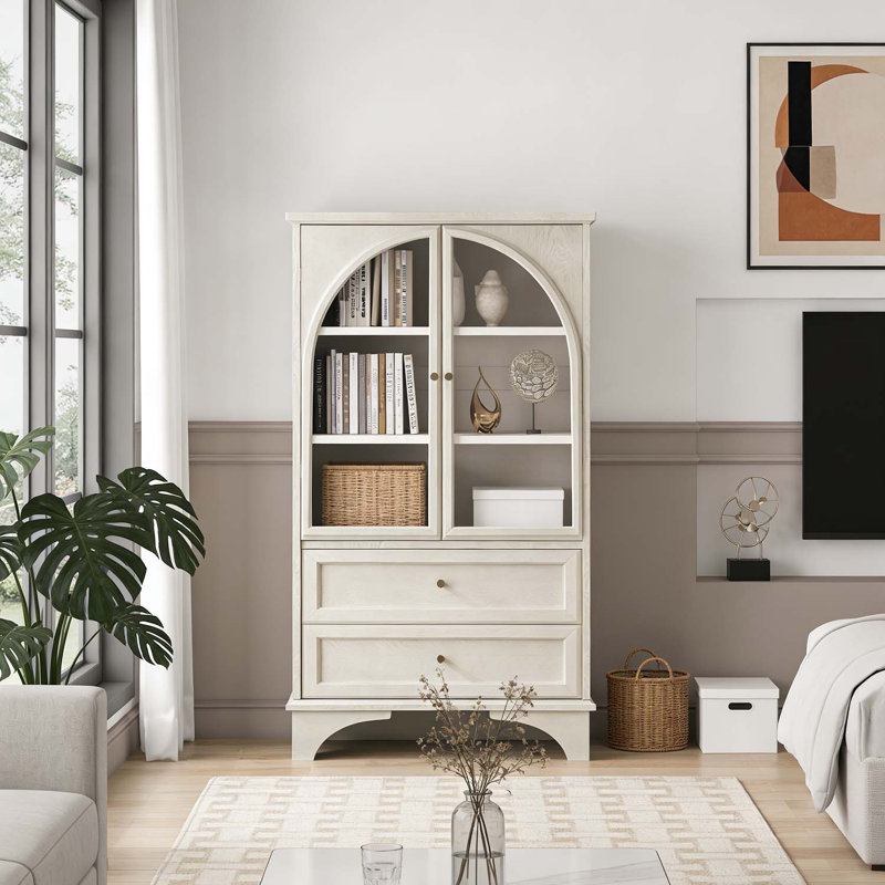 Vitrine porte vitrée vintage avec 2 tiroirs et tablette réglable, Blanc