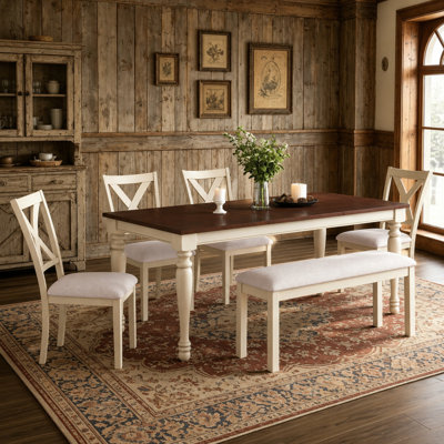 6 - Person Farmhouse Rectangular Solid Wood Dining Set With Bench, Brown/white