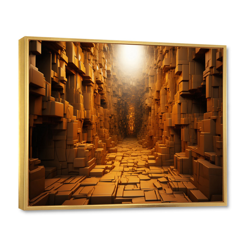 Tunnel géométrique jaune I sur toile, Cadre flottant doré, H 16 po x l 32 po x P 1 po