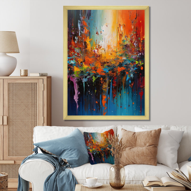 Orange, bleu sarcelle, fusion cubiste, art sur toile, H 44 po x l 34 po x P 1,5 po, Cadre doré simple