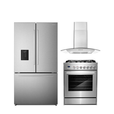 Cosmo 3 Piece Kitchen Appliance Package with French Door Refrigerator , 30'' Gas Freestanding Range , and Wall Mount Range Hood -  COS-3PKG-337