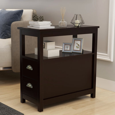End Table, Narrow Nightstand With 2 Drawers and Open Shelf