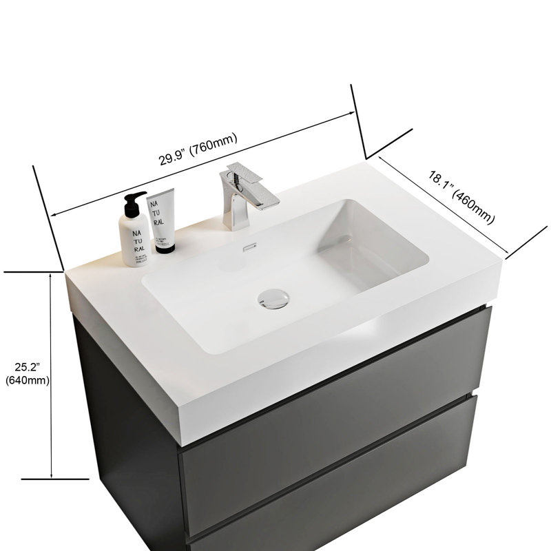 Meuble-lavabo simple mural Rosamond avec plateau en pierre reconstituée, gris, Blanc