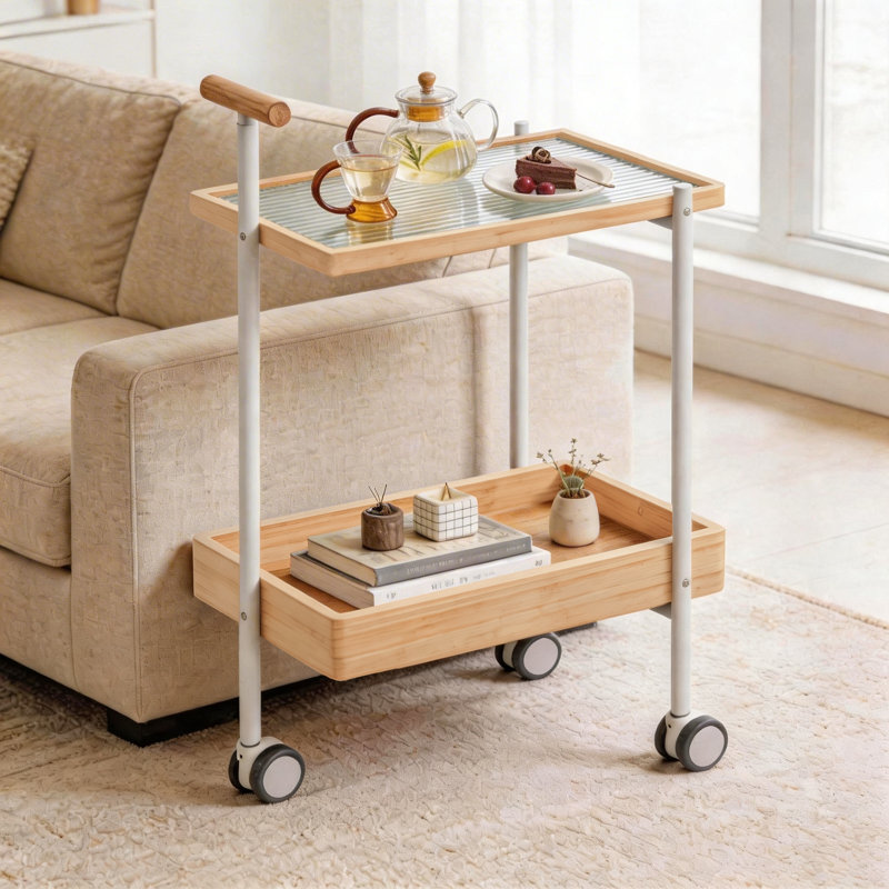 2-Tier Indoor/Outdoor Serving Cart on Wheels, Water-Resistant Bamboo Composite Tray Cart with Steel Frame and Handle for Patio, Balcony, Kitchen & Living Room