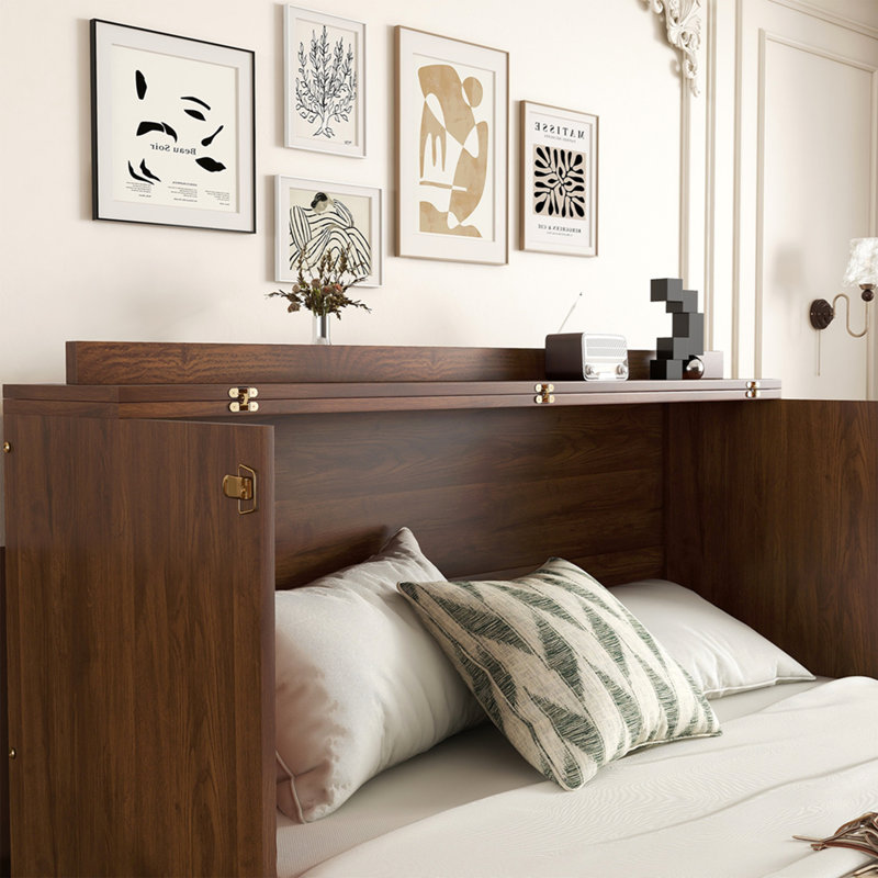 Grand lit escamotable, armoire-lit en bois de pin avec centrale électrique et panneau de décoration en rotin, noyer