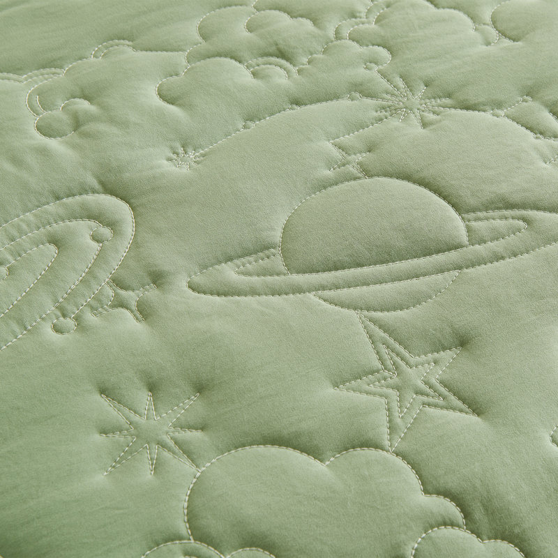 Solid Quilt Set With Star With Vibrant Embroidered Patterns, Lime Green, Twin Quit + 1 Standard Sham