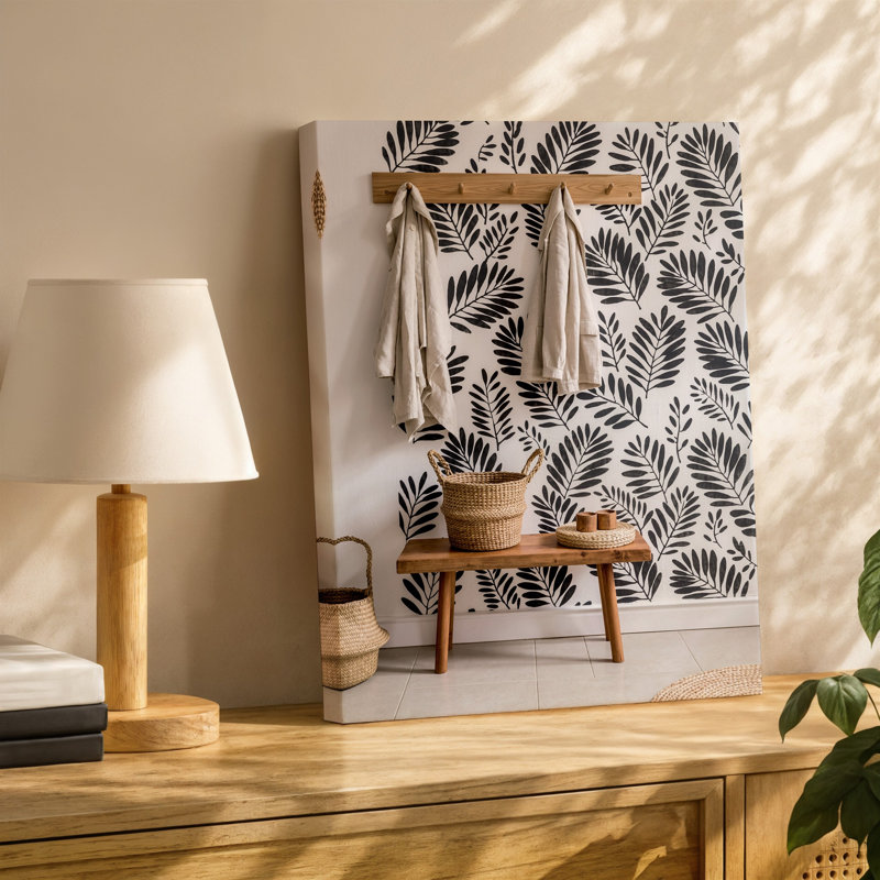 Toile, un hall d'entrée scandinave douillet avec un banc en bois minimaliste avec art mural, H 12 po x l 9 po