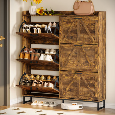 Armoire à chaussures réglable à trois niveaux de grande capacité avec tiroirs rabattables et tablettes amovibles, avec un design minimaliste moderne.