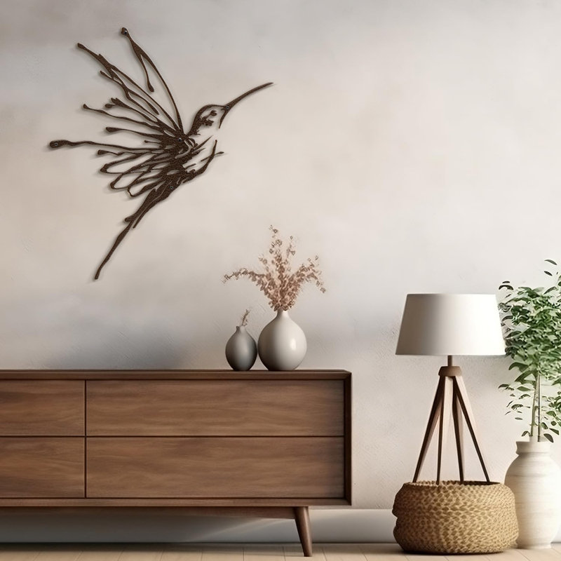 Elegant Flying Humming Bird, Modern Living Room Wall Sculpture, Black Gold Metal Wall Art Home Decor, 18" H x 18" W x 0.05" D