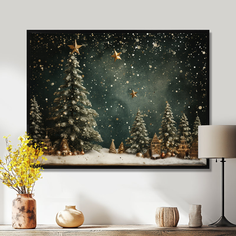 Décoration de sapin vert de Noël - Art mural sur toile de pin, H 16 po x l 32 po, Noir, Reproduction avec cadre flottant