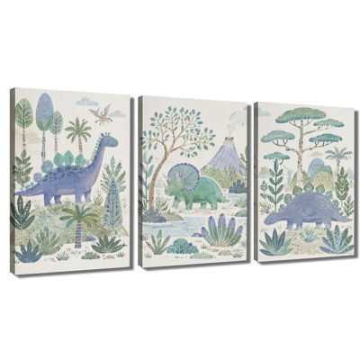 3‑Panel Wall Art Watercolor Dinosaur Jungle Canvas Print, Kids Room Prehistoric Animal Wall Decor