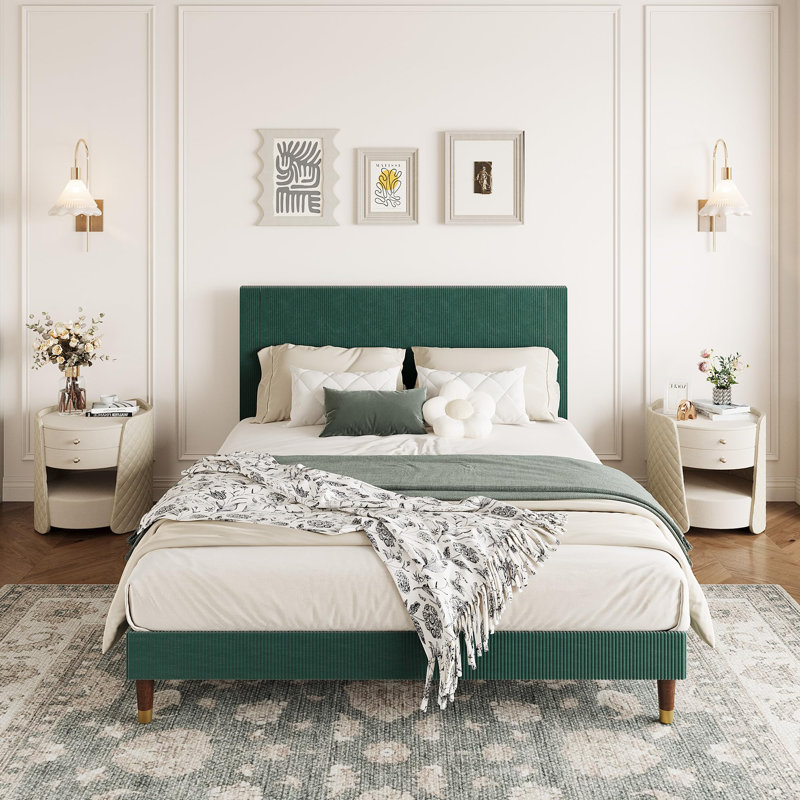 Structure de lit double avec tête de lit, lit plateforme tapissier en velours côtelé avec support en lattes de bois, aucun sommier nécessaire