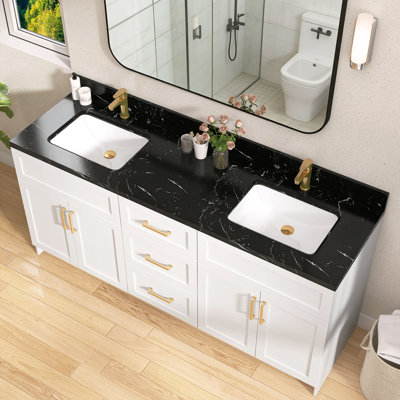 L 72 po x P 22 po avec meuble-lavabo encastré en pierre noire matte et comptoir avec comptoir en céramique Dosseret en H et trous de robinet pré-percés