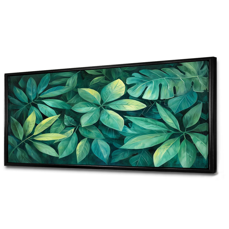 «Green Rainforest Canopy Leaves» - art mural feuilles, H 28 po x l 60 po, Reproduction avec cadre flottant, Noir