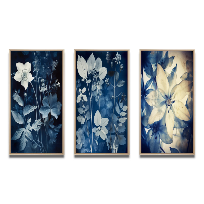 «Vintage Botanical Autumn Leaves Faded Blue», 3 pièces, Cadre naturel flottant, H 32 po x l 48 po