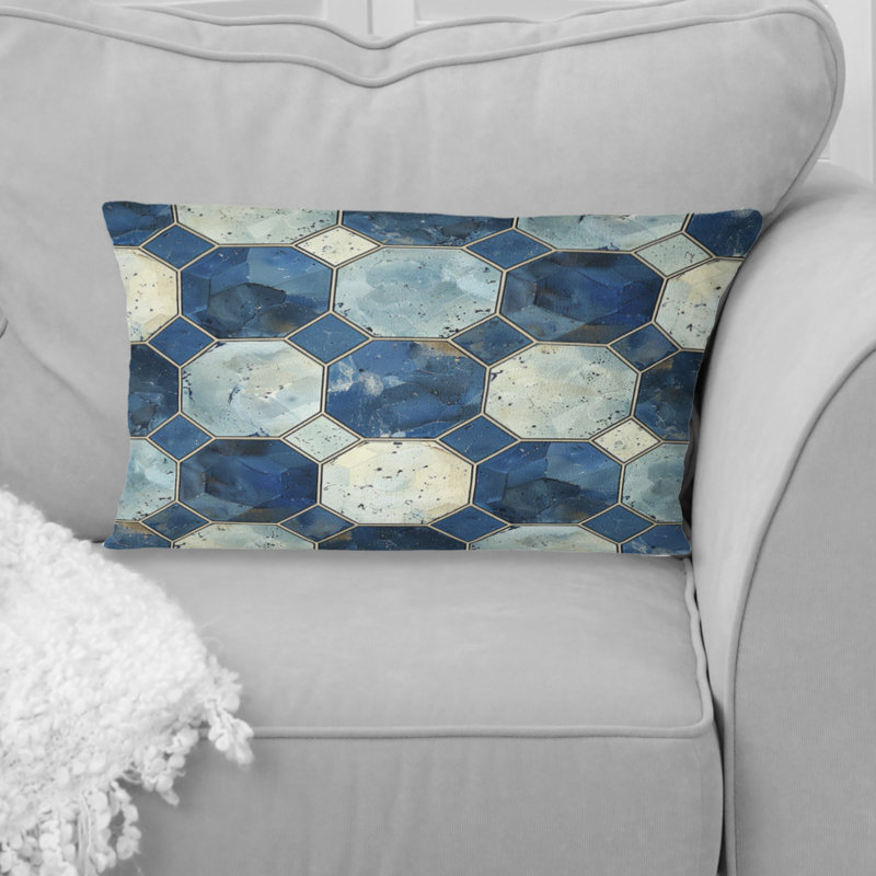 Coussin lombaire Mid-Century à imprimé hexagonal bleu et beige