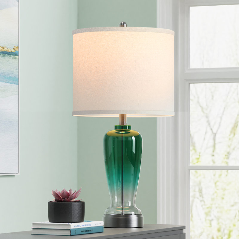 26'' Glass Table Lamp for Nightstand Deco Gradient Green Modern Lamp with Led Bulb