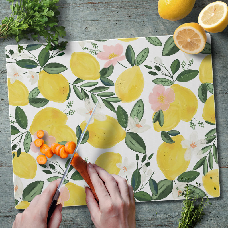 Lemon Vine Rectangular Tempered Glass Cutting Board 15" x 12"