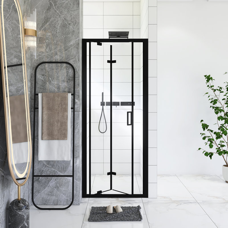 Porte de douche pivotante pliante à cadre double 30 po x 72 po, porte de douche pliante compacte, verre trempé transparent de 1/4 po avec poignée en acier inoxydable, noir mat