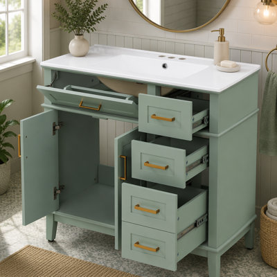 Meuble-lavabo moderne 36 po avec lavabo en céramique, porte à fermeture en douceur et 4 tiroirs de rangement