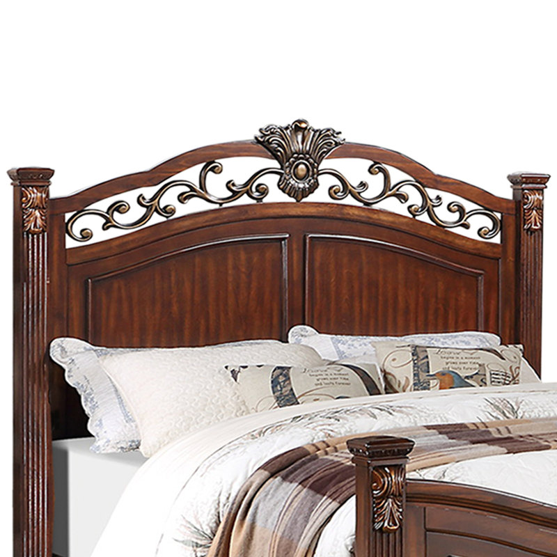 Lit oriental en bois avec tête de lit artisanale, Brun, Très grand