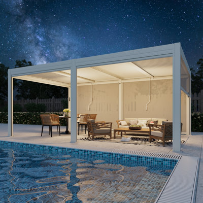 20 ft. W x 12 ft. D Outdoor Louvered Pergola with Auto-Adjustable Side Screen, Rainproof Roof, Thickened Aluminum Frame, and Remote-Controlled Light String for Deck, Patio & Hot Tub