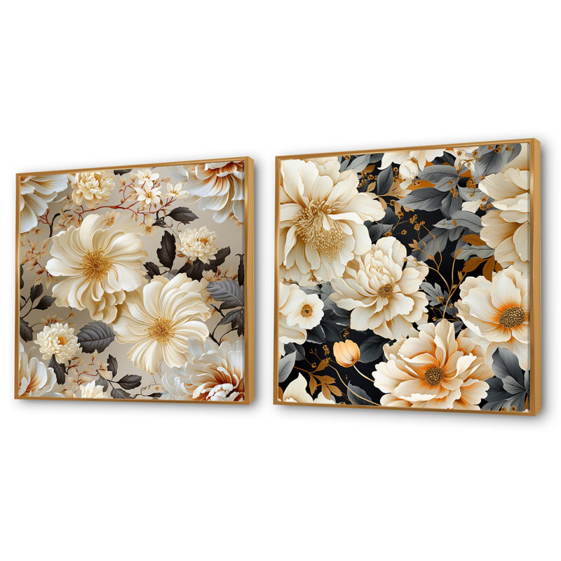 Pivoine beige élégante intemporelle III - ensemble de 2 collages floraux carrés, Cadre flottant doré, H 30 po x l 61 po