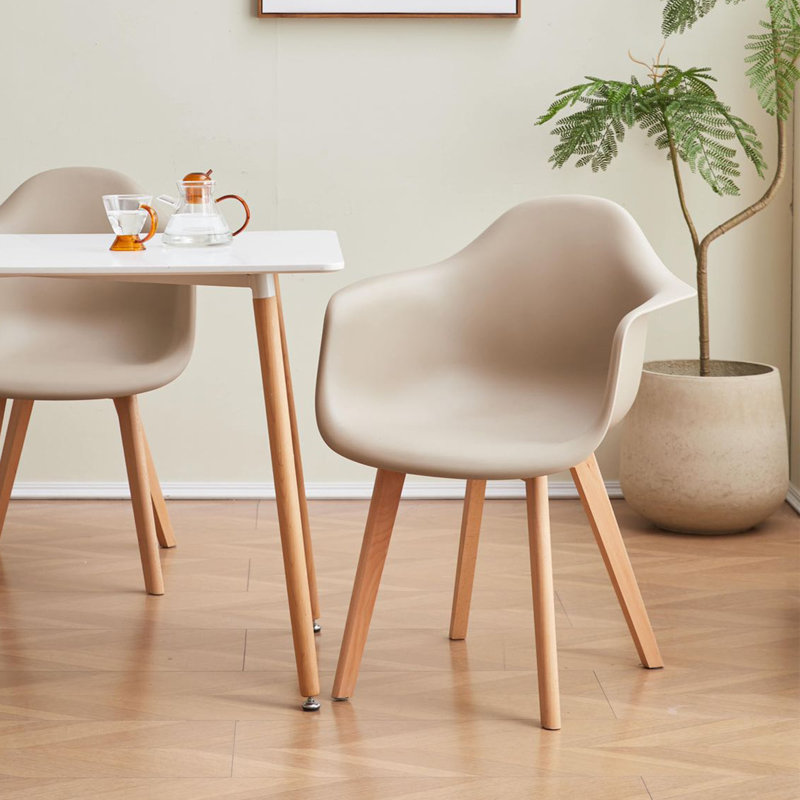 39cm H Modern Minimalist Style Dining Armchair, Plastic Seat with Solid Wood Legs for Kitchen, Beige