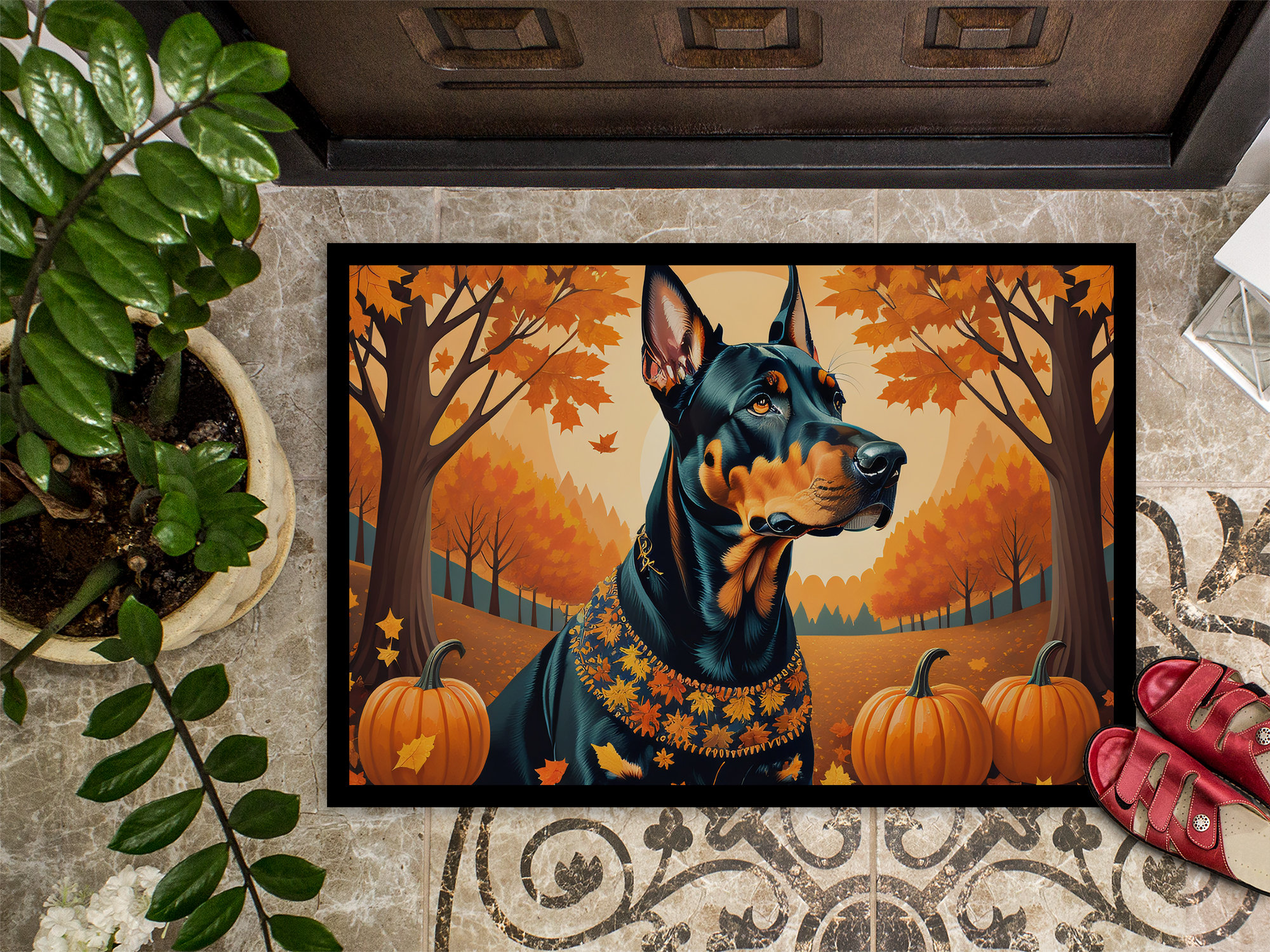 Doberman Indoor Outdoor Eating Reference: East Urban Home Doberman Pinscher Fall Indoor Or Outdoor Mat
