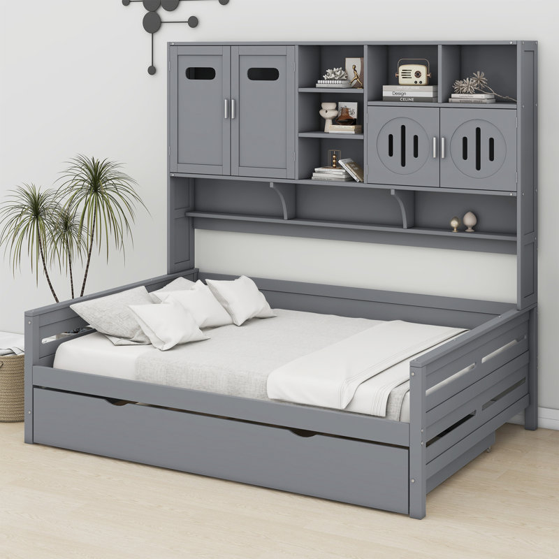Wooden Daybed With Trundle,All-In-One Cabinet And Shelf, Gray, Full/Double