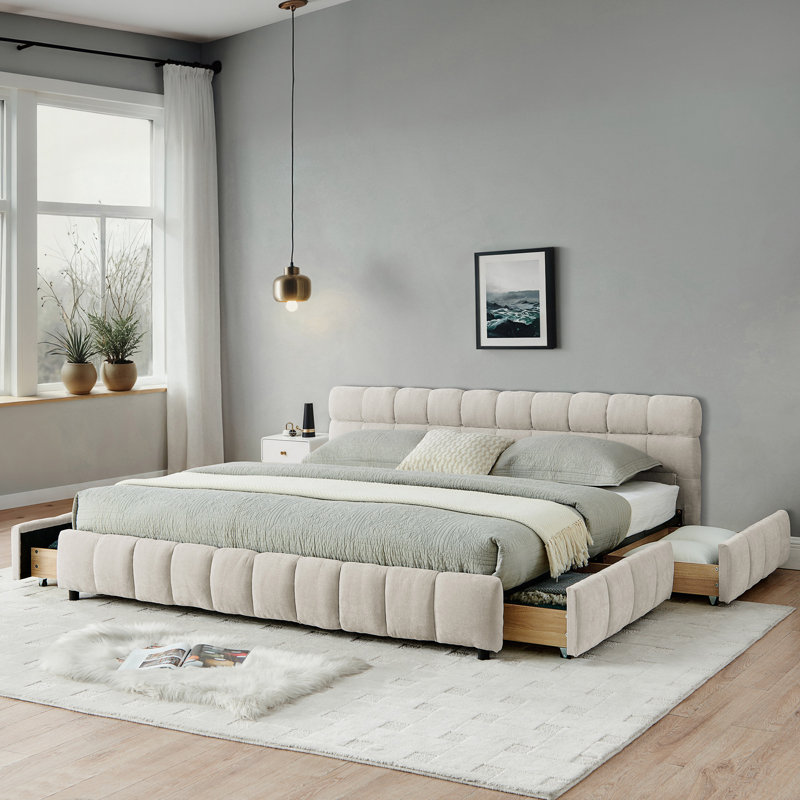 Très grand lit tapissier californien avec tiroir de rangement, Beige